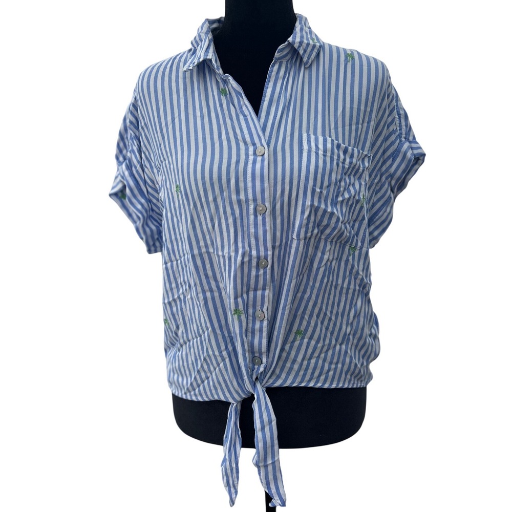 Beachlunchlounge Blue White Striped Palm Tree Tie Front Short Sleeve Shirt M